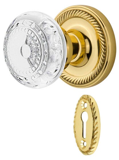 Rope Rosette Mortise-Lock Set with Meadows Crystal-Glass Knobs in Polished Brass.